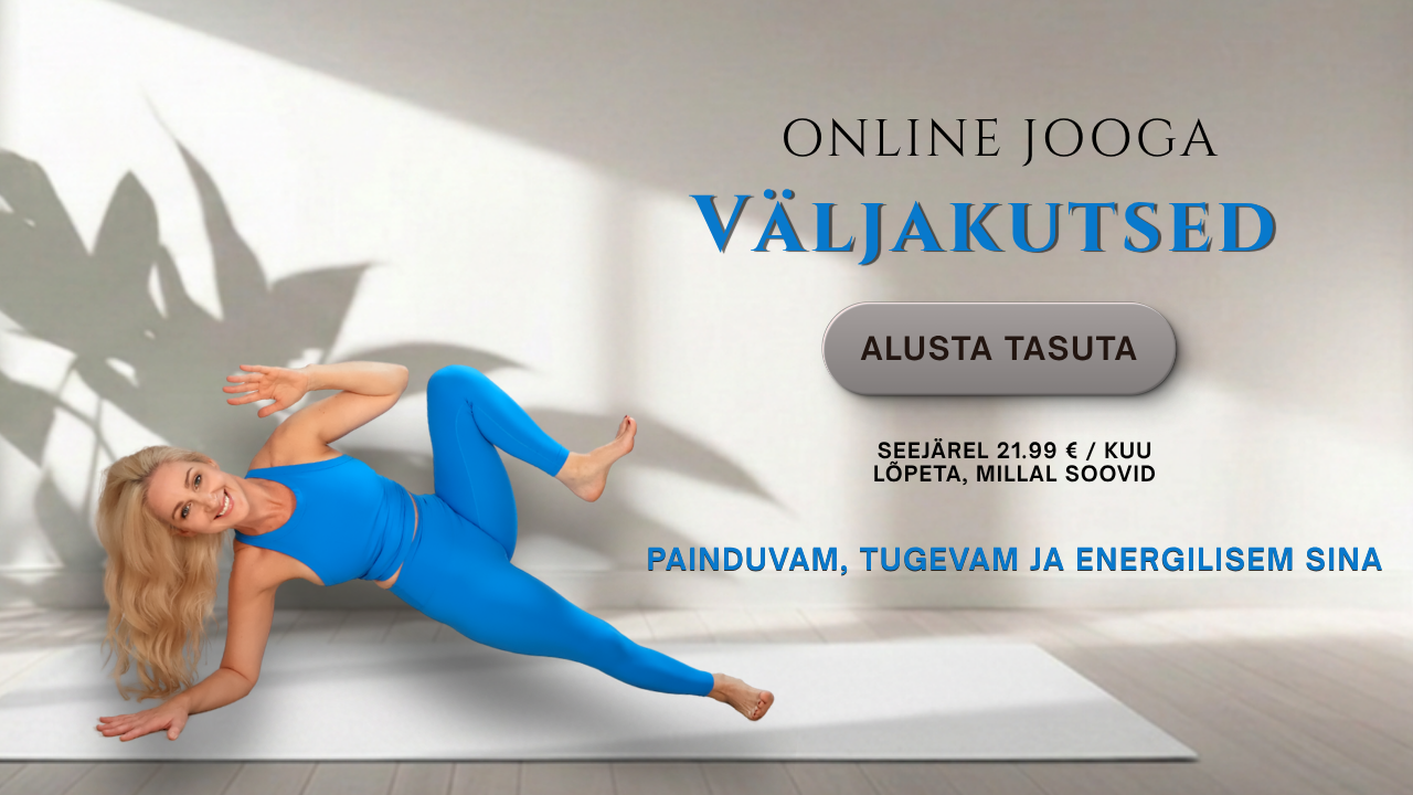 Online jooga väljakutsed Online Jooga bänner "Väljakutsed". Sinistes joogarõivastes naeratav blond naine teeb valgel matil küünisvarre toel küljeplangus dünaamilist joogapoosi, taustal helge seina peal paistavad taimevarjud. Bänneril on tekstid: Online Jooga Väljakutsed, hallil ovaalsel taustal tekst Alusta Tasuta, selle all info Seejärel 21.99 € / kuu, Lõpeta, millal soovid, ning allääres sinine lause Painduvam, tugevam ja energilisem sina.
